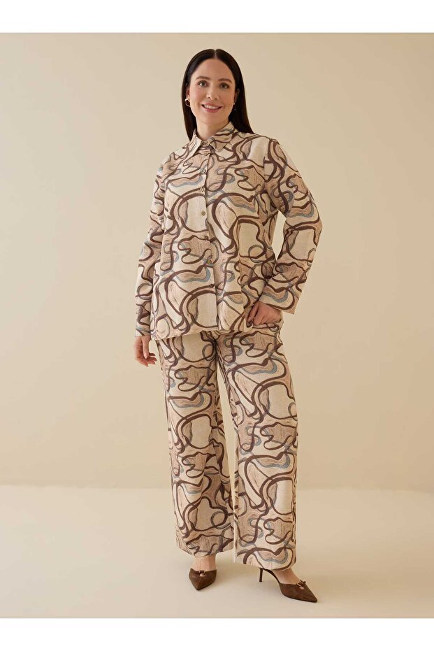 Abstract Patterned Shirt & Trousers Plus Size Set - Brown Abstract Pattern - - 6
