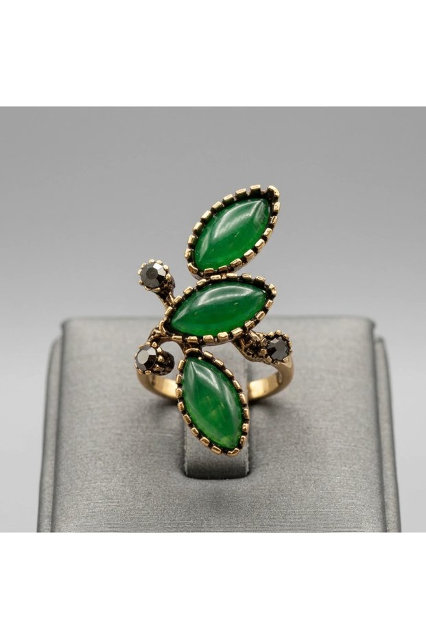 Bronze Vintage Women's Ring Authentic Green Color Leaf Model Adjustable from the Front