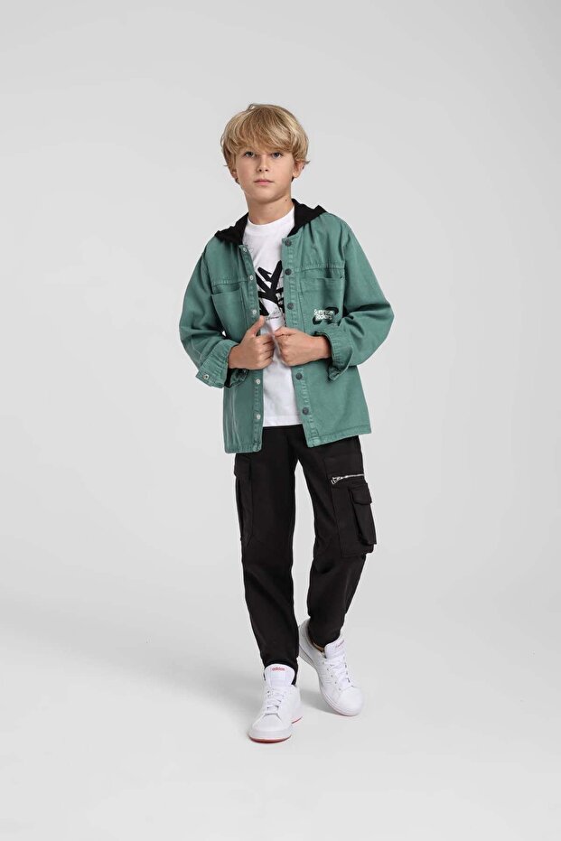 Jacklions Boys' Patterned Hooded Shirt Jacket Green, Ages 4-14