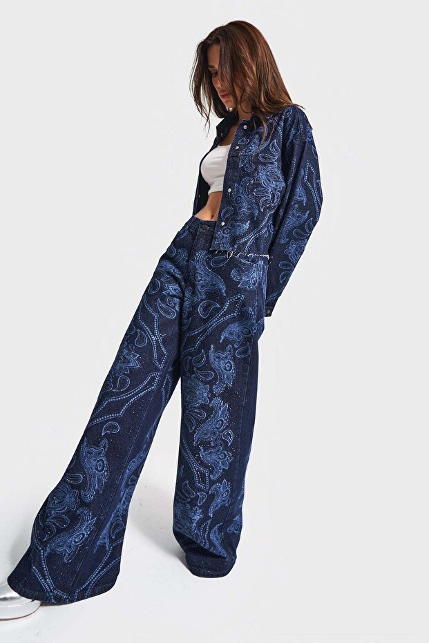 İts Basic Women's Dark Blue Color Palazzo Fit Shiny Stone Patterned Special Design Denim Jeans