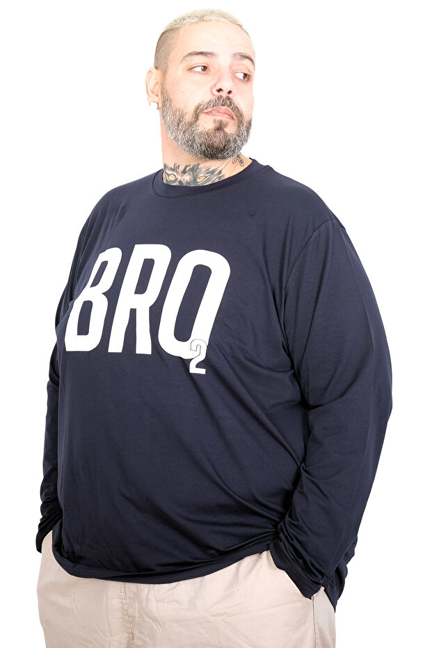 Large Size Men's Printed Crew Neck Long Sleeve T-Shirt Bro2 26105 Dark Blue