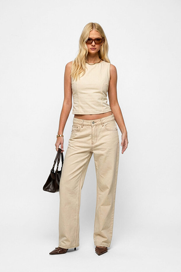 Women's Ecru 100% Cotton Straight Fit Jean Trousers High Waist Straight Leg