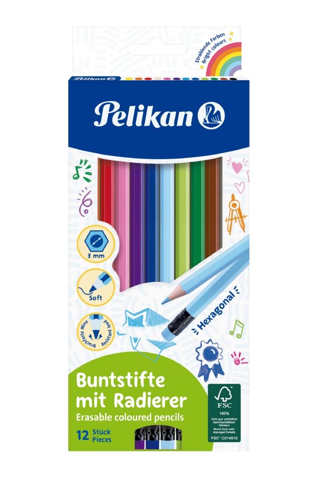 Dry Crayons with Erasers, Full Size, 12 Colors