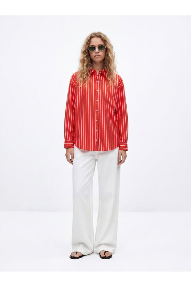 Striped Buttoned Red Shirt - 1
