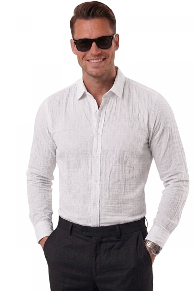 White Line Textured Wrinkle-Resistant, Iron-Free Comfortable Fit Men's Shirt 2602607