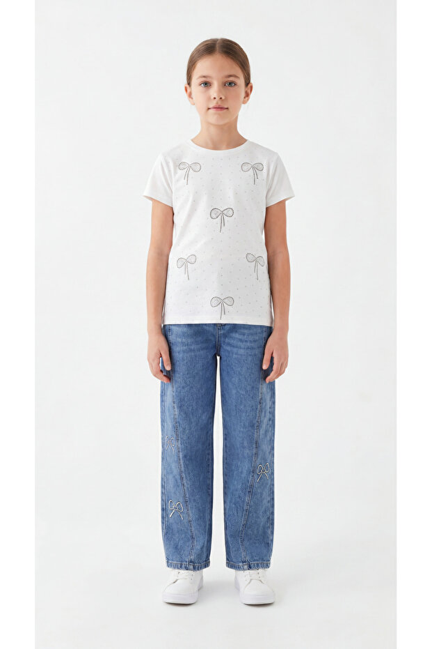 Stoned Bow Patterned Girls' T-Shirt and Pants Set