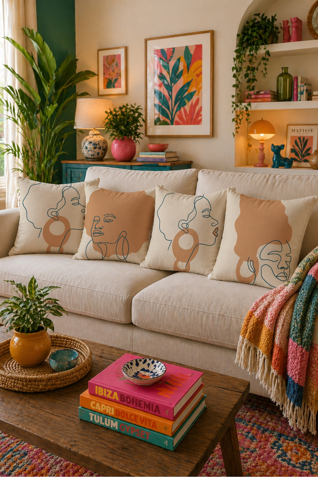 Minimal Line Art Face Patterned Throw Pillow Cover Set of 4 Beige Double Sided Digital Printed