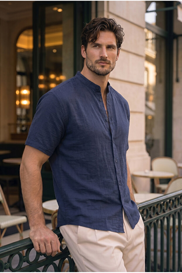 Hakim Collar Muslin Fabric Short Sleeve Shirt - Navy Blue