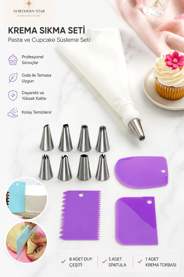 Practical 3-Piece Dough Scraper Cutter and Cream Squeezing Bag Set Steel 9-Prong Cake Decoration Bag