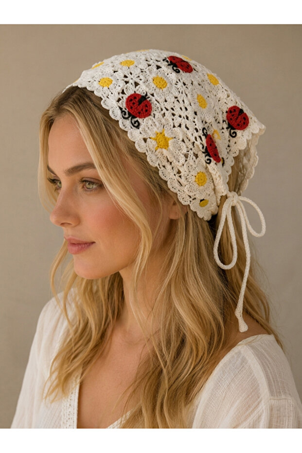 Bohemian Knitted Ladybug and Daisy Figured Cotton Bandana Scarf