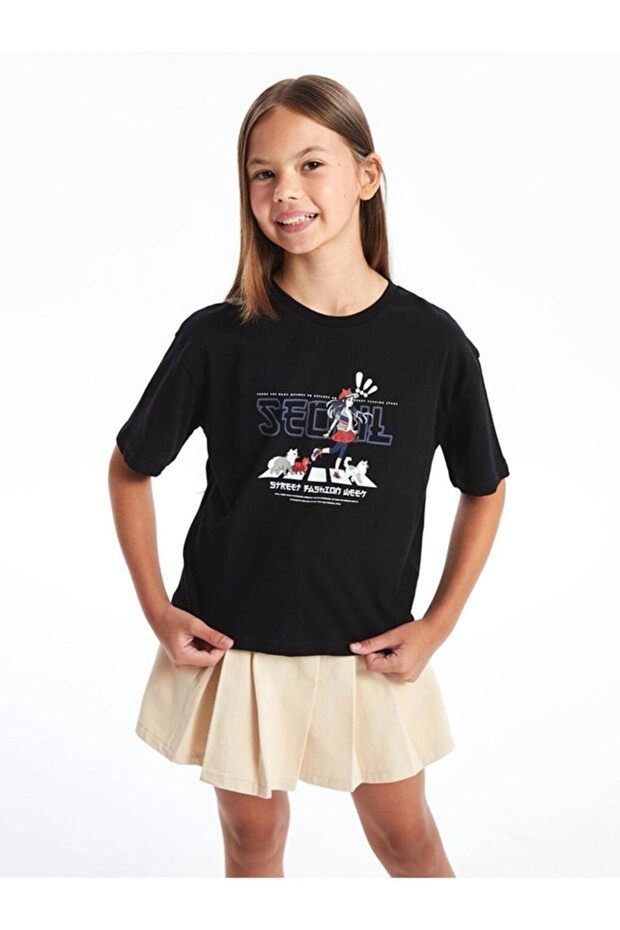 Girl's Crew Neck Printed Short Sleeve Crop T-Shirt