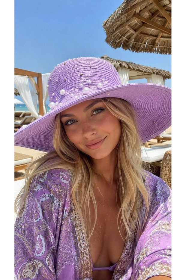 Lilac Pearl Stone Embroidered Wide Round Straw Women's Hat