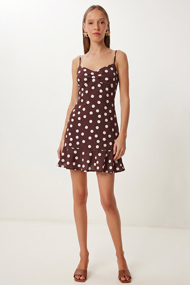 Polka Dot Strappy Mini Woven Dress Lzv0079 Brown