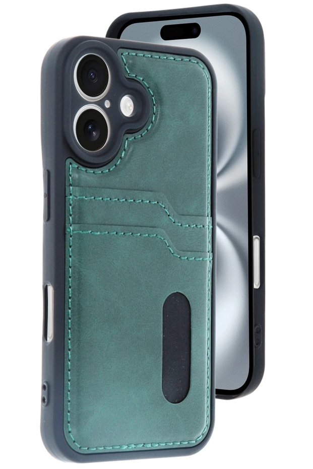 Ilkeshop New iPhone 16 Case Sara Leather Case with Business Card Holder - (91805) Dark Green
