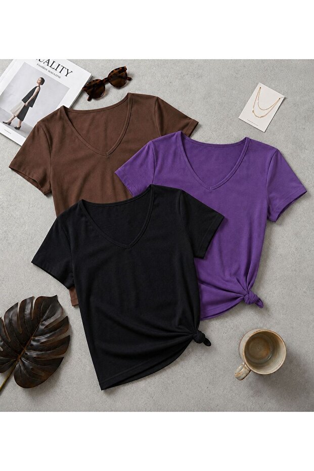 3 Pieces of Plain Regular Fit (V-Neck) Women's T-Shirts