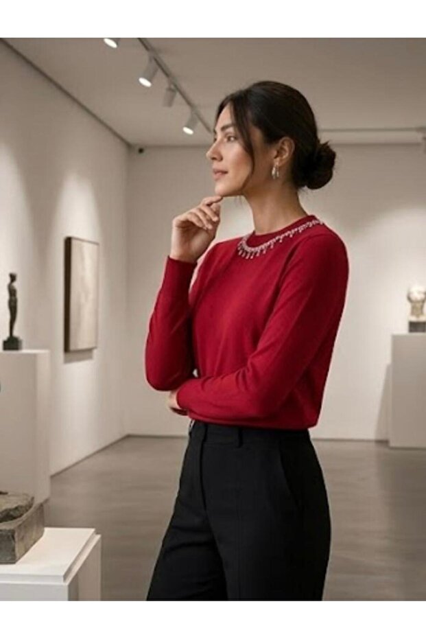 Long Sleeve Crew Neck Sweater with Stone Detail