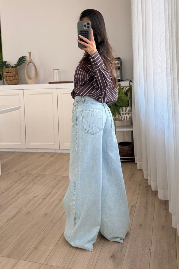 Trend Special Design Wide Leg Star Embossed Pocket Detail Jean Laser Detail Pants-Trending Special Design Wide Leg Star Embossed Pocket Detail Jean Laser Detail Pants