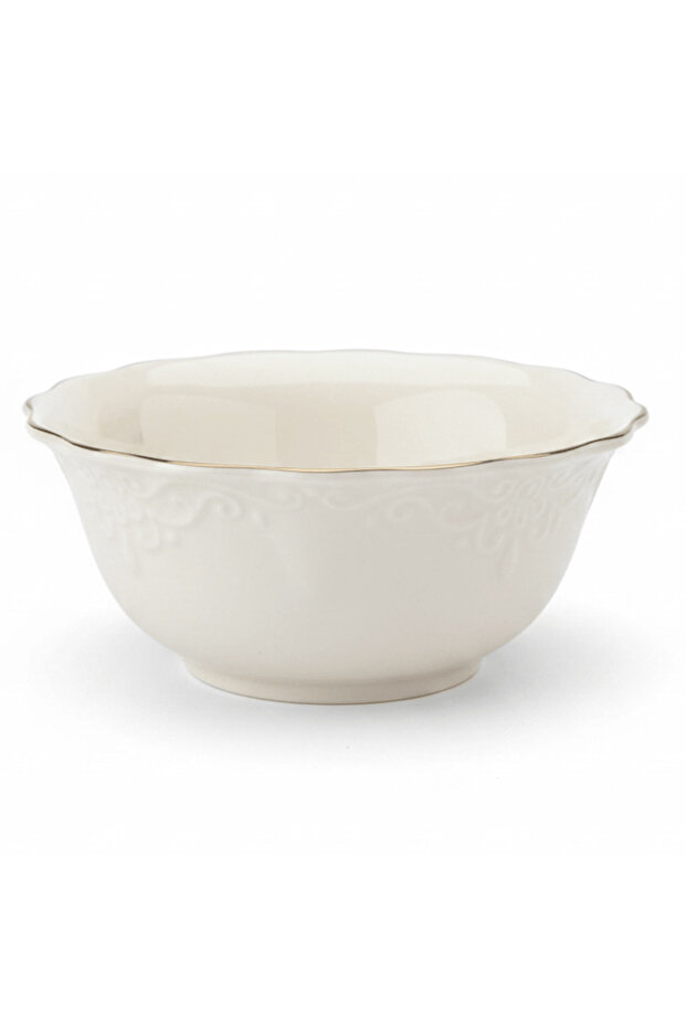 Solecasa Off-White Round Ceramic Salad Bowl with Gold Rim - 5.5 Inch