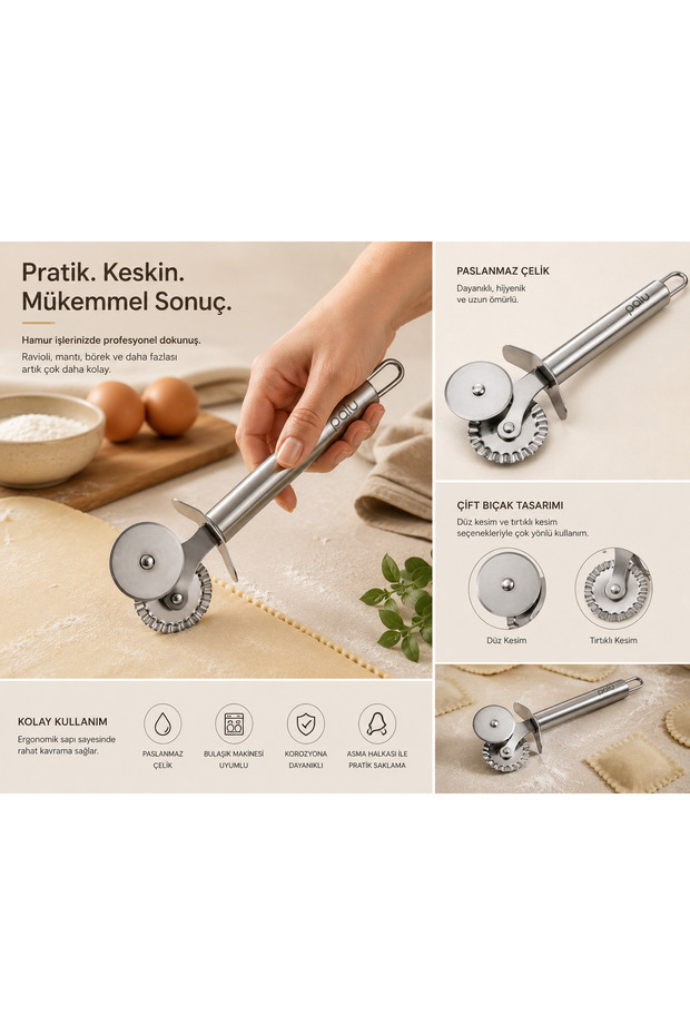 Stainless Steel Dough, Pizza, Pastry Cutting Knife Double-Headed Dough Roulette Dough Shaping