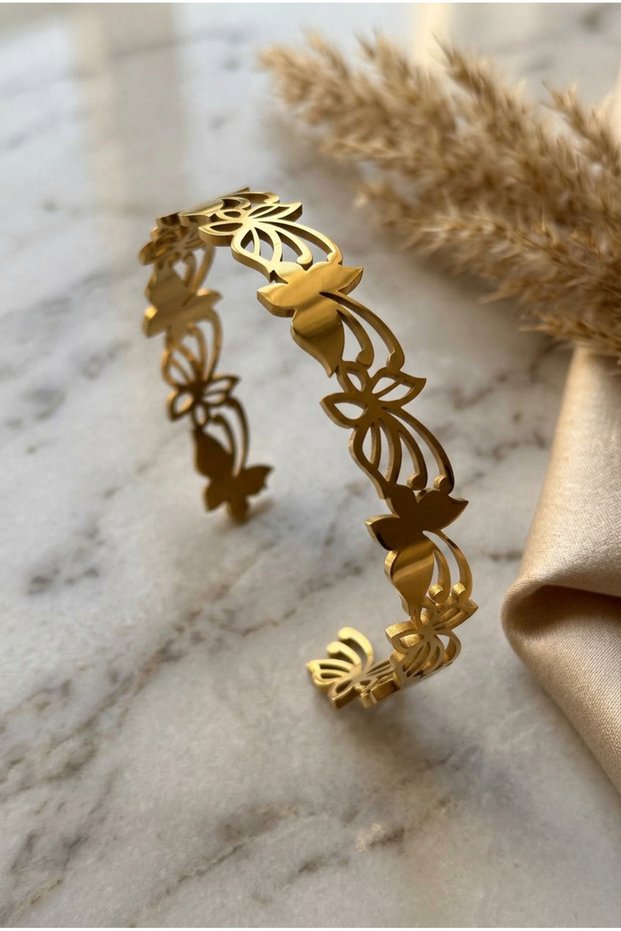 Women's Gold Color Adjustable Bracelet with Sequined Butterfly Motif