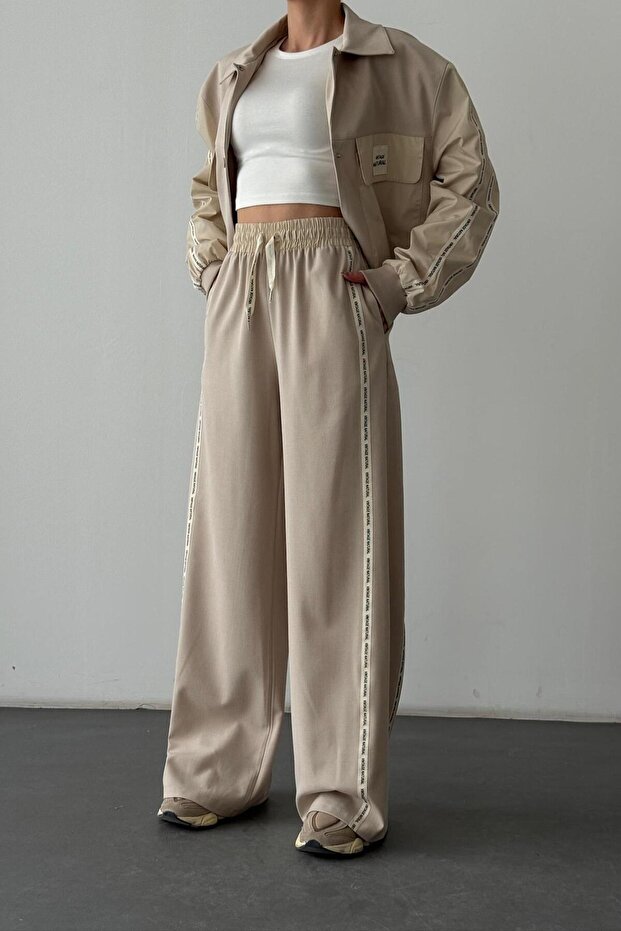 Striped Lettering Detailed High Waist Trousers Beige