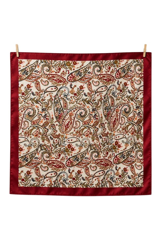 Women's Shawl Patterned Burgundy Satin Scarf 50X50 cm – Silky Soft Square Bandana