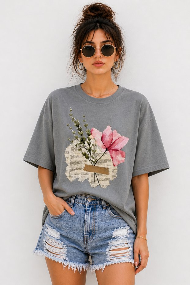 Vintage Floral Collage Printed Unisex Oversize T-Shirt – Cotton Crew Neck Casual T-Shirt