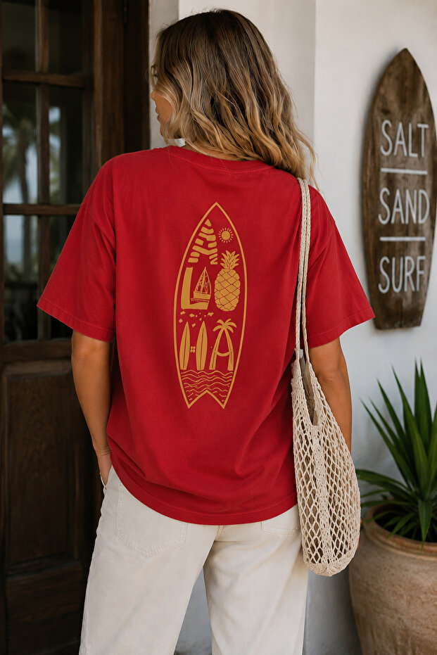 Surfboard Back Print Unisex Oversize T-Shirt – Cotton Crew Neck Casual T-Shirt