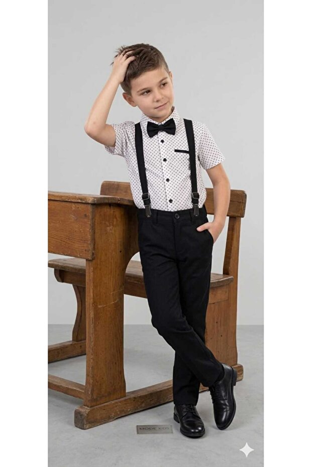 Boy's Shirt and Pants Set with Bow Tie and Straps, Stylish Combination (1 Size, Please Choose Larger Size) Ages 4-5-6-7