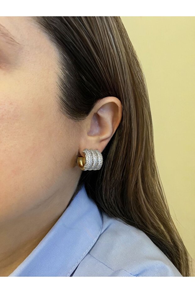 Double Color 3 Row Stone Half Hoop Earrings