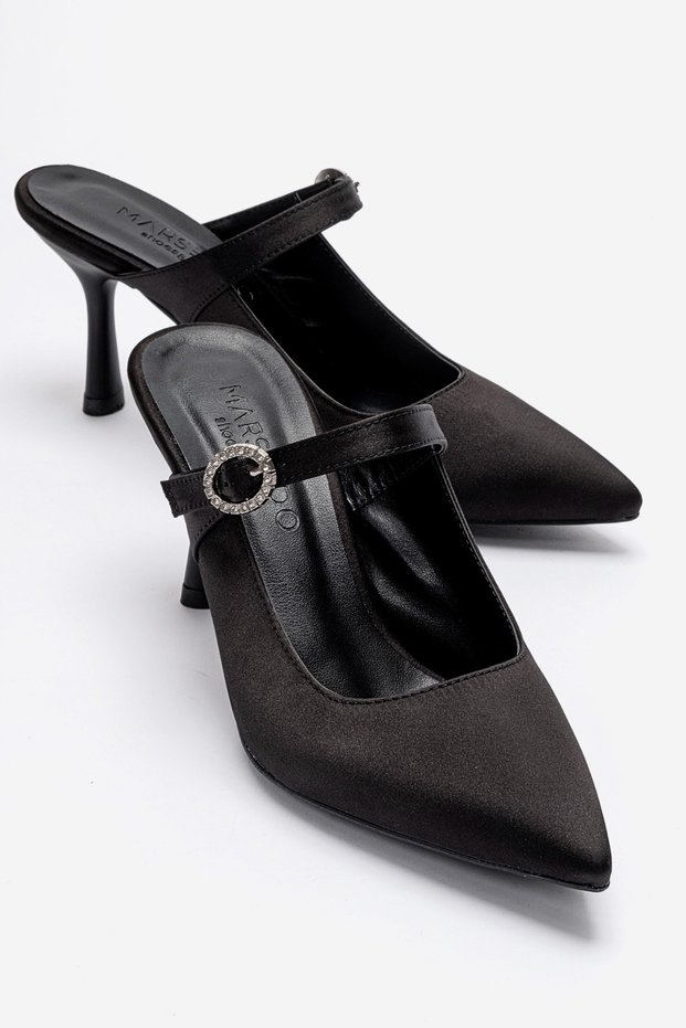 Women's Heeled Slippers Pointed Toe Stone Buckle Stylish Evening Dress and Casual Slippers Alexa Black