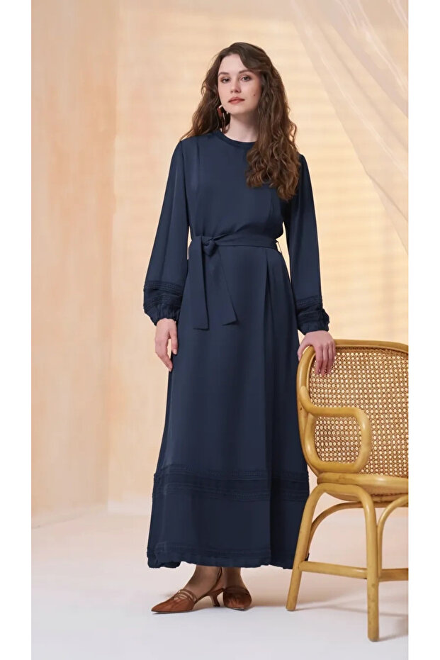 Lace Belt Detailed Dress 39836 Dark Blue