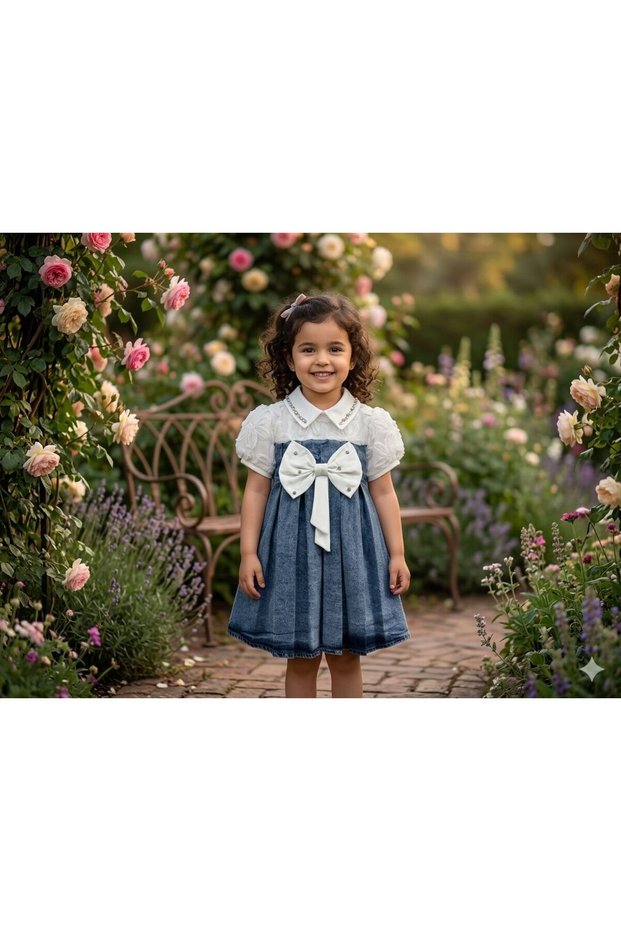 Girl's Denim Dress with Pearl Collar, Big Bow, Floral Pattern, Princess Model Dress (Stylish Holiday Birthday Dress)