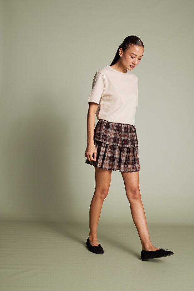 Square Patterned Ruffled Layered Mini Skirt Brown