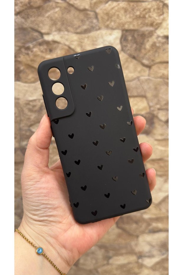 Samsung Galaxy S21 Fe Compatible Mini Black Heart Patterned Silicone Shock Absorbing Classic Protected Rubber Case