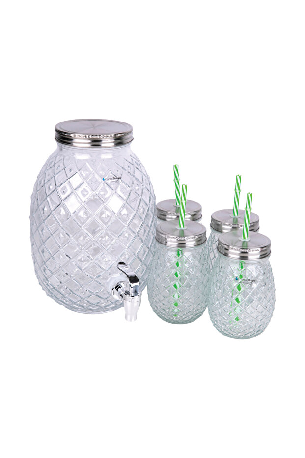 5L Glass Dispenser + Mason Jar, 4 pcs