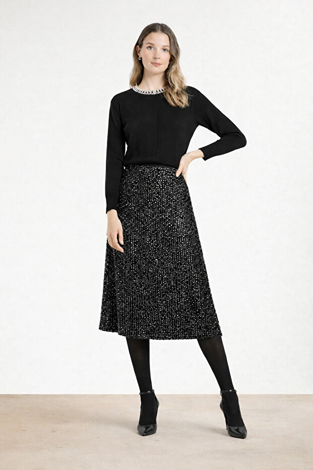 Black Sequined Midi Skirt