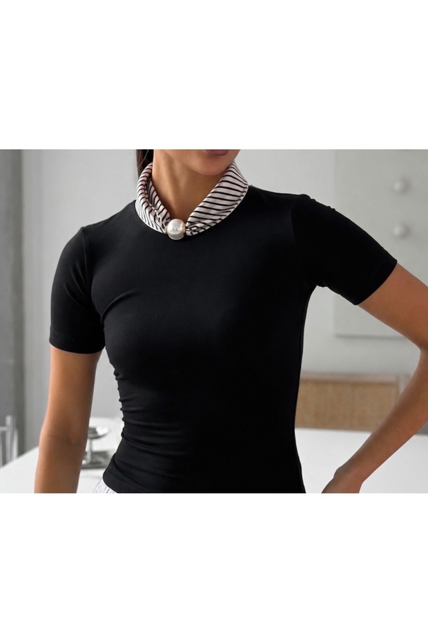 White Black Line Pattern Pearl Scarf Model (It Is Opened and Closed with a Magnetic Mechanism Inside the Pearl)