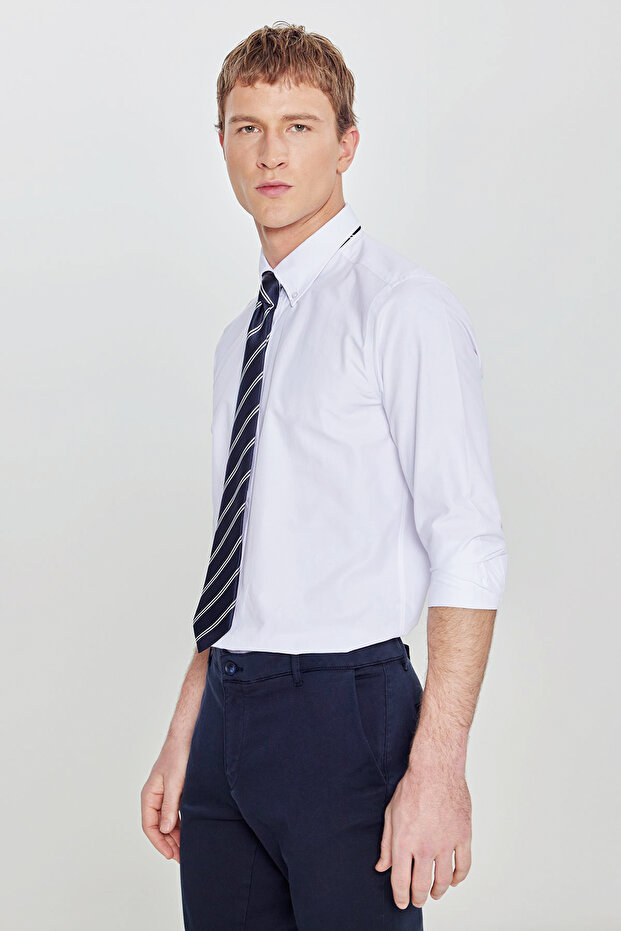 Men's White Cotton Slim Fit Narrow Cut Gant Collar Poplin Shirt
