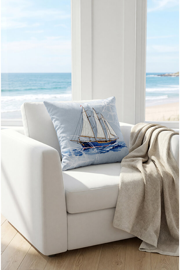 Mari̇ne Sailing Patterned Blue and White Square Throw Pillow 43 X 43 cm Double-Sided Throw Pillow Cover
