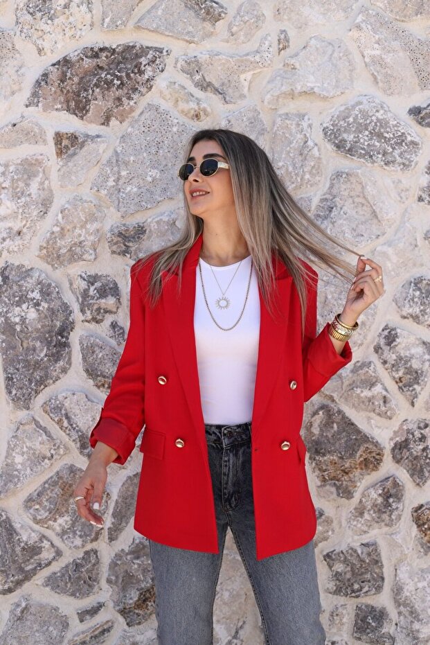 Red Sleeve Layered Gold Buttoned Blazer