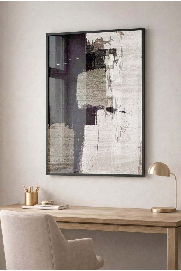Black and Cream Antique Textured Abstract Glass Painting - Black Metal Framed Painting for Home, Business, and School