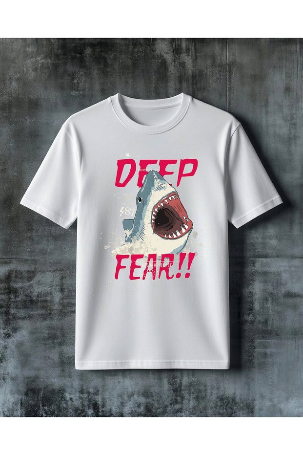 تي شيرت كبير الحجم مطبوع عليه deep fear kopek baligi