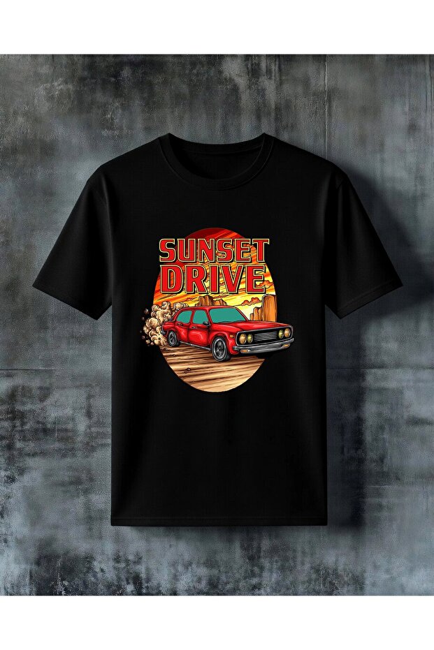 Sunset Drive Red Car Printed Oversize T-Shirt