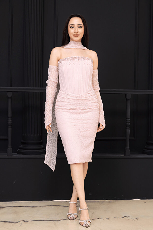 Beaded Strapless Neckline Lace Pencil Dress - Powder