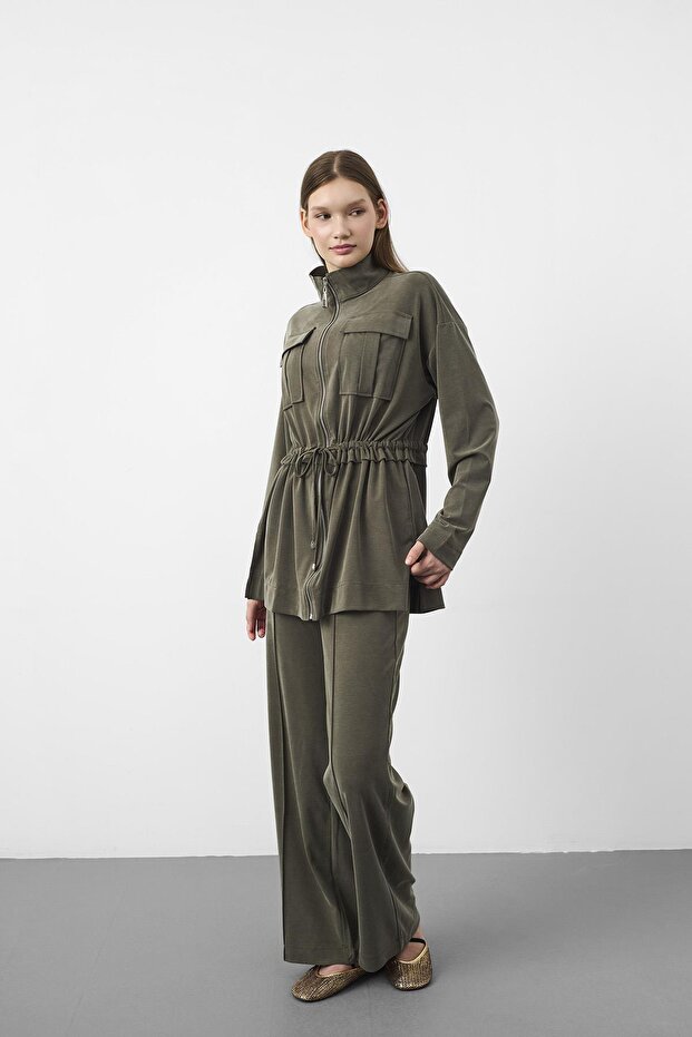 Khaki Tencel Flowy Texture Adjustable Waist Pre-Stitched Jacket and Pants Set