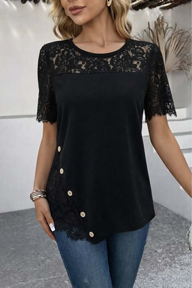 Women's Short Sleeve Lace Detailed Side Buttoned Waffle Blouse