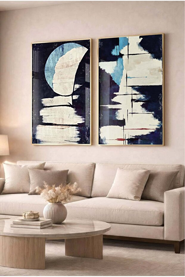 Navy Blue and Blue Abstract Modern 2-Piece Glass Painting Set with Gold Metal Frame for Home and Office