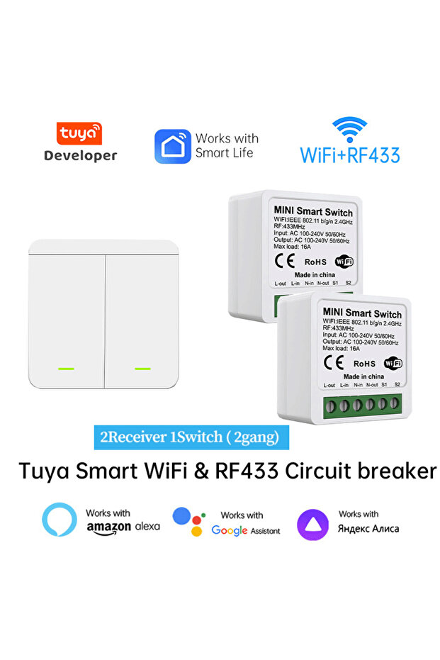 مفتاح إضاءة ذكي 2Gang 1v2 بتقنية Tuya WiFi للمنزل الذكي، مفتاح حائط لاسلكي بزر ضغط بتردد 433 ميجاهرتز عبر Ale