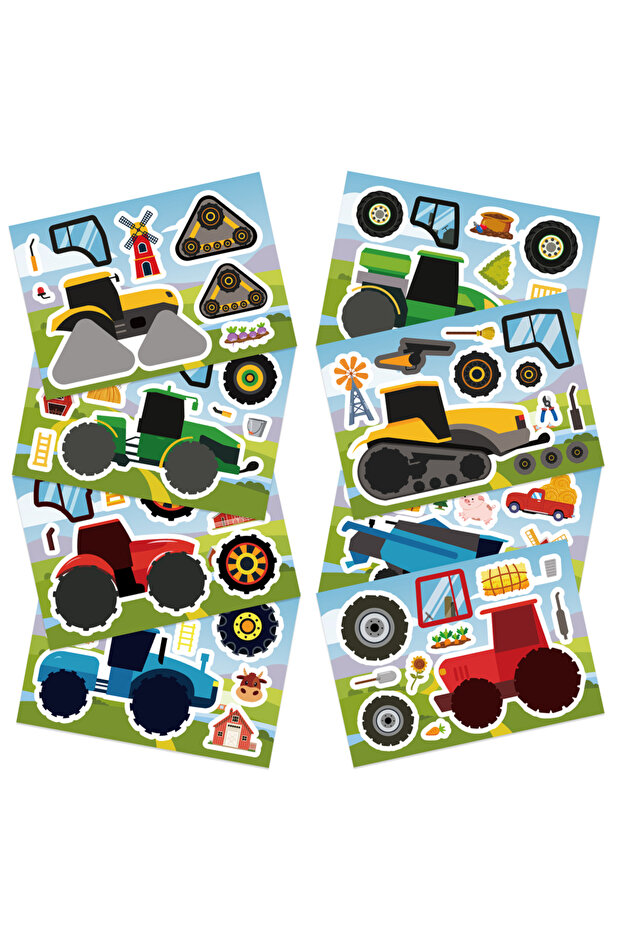 8pcs All 32Sheets Farm Tractor Make a Face Puzzle Stickers Rural Construction Vehicle Puzzle DIY Not